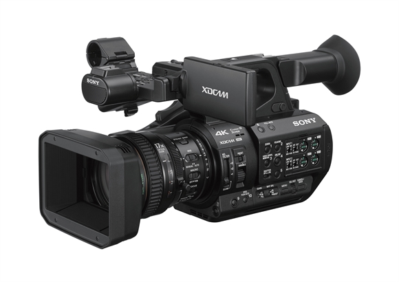 A black Sony XDCAM 4K professional video camera with a large lens and viewfinder against a white background.