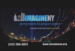 Business card for IMAGINENY featuring a night skyline and city lights.