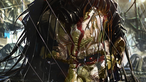 Digital painting of a character with dark hair and blood streaked across their face and forehead.