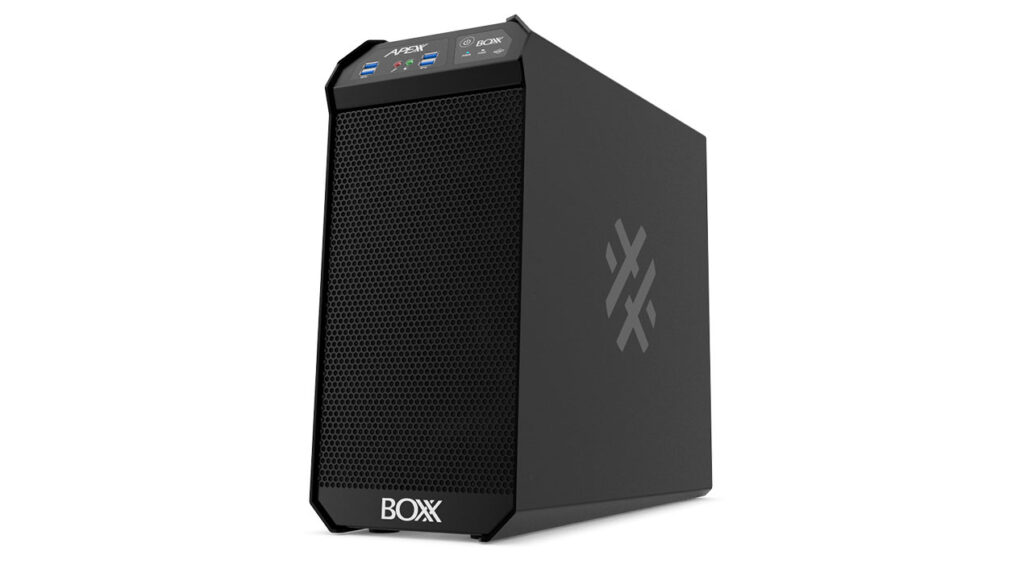 A black, compact BOXX Apex computer workstation shown from a three-quarter angle against a white background.
