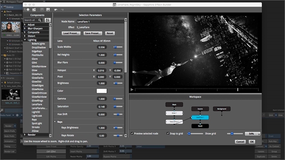 Software interface showing lens flare parameters and a black and white space-themed preview.
