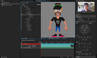 Software interface showing a cartoon character with a black shirt and blue shorts on a checkerboard background.