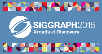 SIGGRAPH 2015 Xroads of Discovery logo on a blue background with colorful geometric patterns.