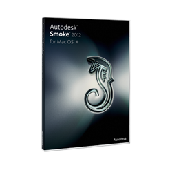 Autodesk Smoke 2012 for Mac OS X software box with a stylized silver logo on a dark background.