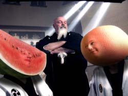 A man with a white beard stands between two people with watermelon and grapefruit heads.