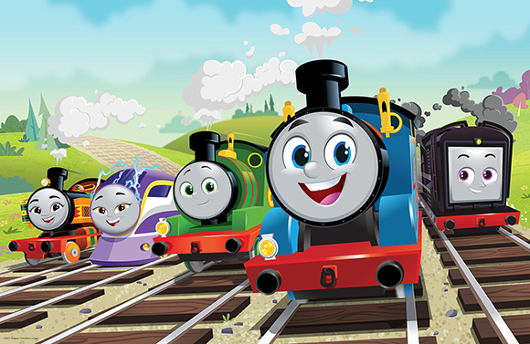 Four colorful cartoon steam engines traveling on parallel tracks under a blue sky with clouds.