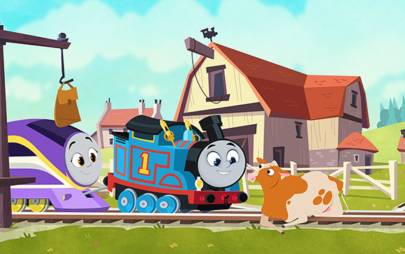 Two cartoon locomotives and a brown and white cow on a track near a barn.