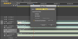 A video editing timeline with a 'Merge Clips' pop-up window overlaying the tracks.