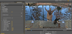 Video editing software interface displaying a clip of a person standing on rocks near water.