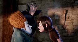 Animated characters with pale skin and large eyes interact in a dimly lit stone room.