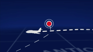 A white airplane icon follows a dashed line toward a red circular target on a dark blue map background.