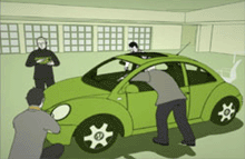 Three people inspecting and working on a small green car in a garage setting.