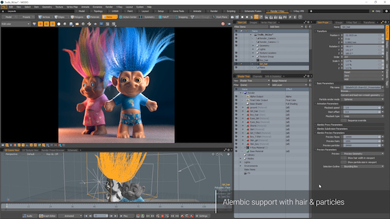 A 3D modeling software interface displaying two colorful troll characters and technical parameter menus.