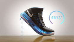 A black high-top sneaker with a blue glowing sole and a digital readout of 441 degrees.