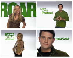 Four portraits of smiling people against white backgrounds with green text reading ROAR, Protect, and Respond.